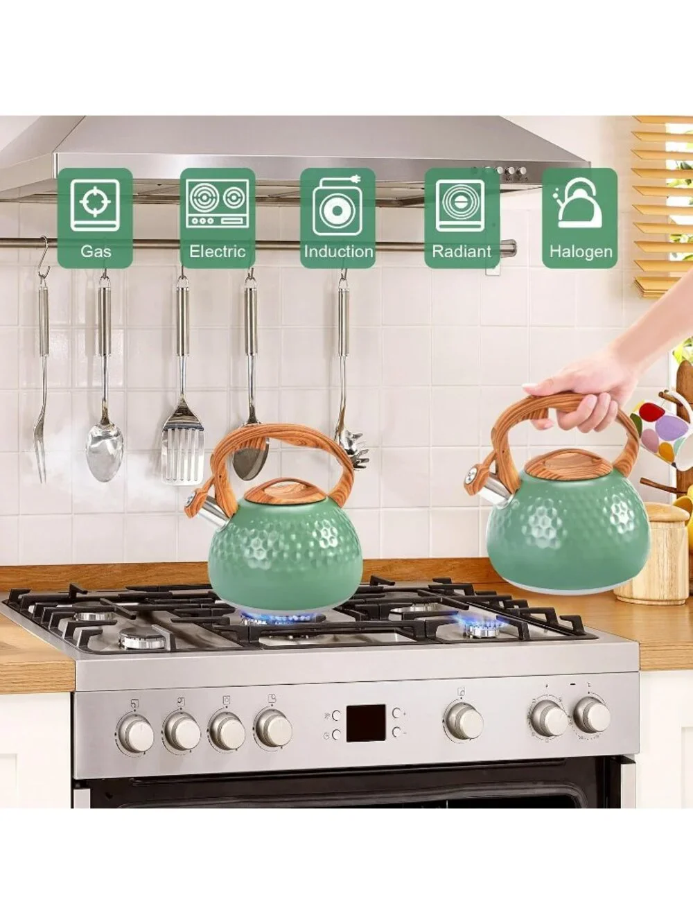 GGC 3.1QT Green Stainless Steel Whistling Tea Kettle For Kitchen Stove Top